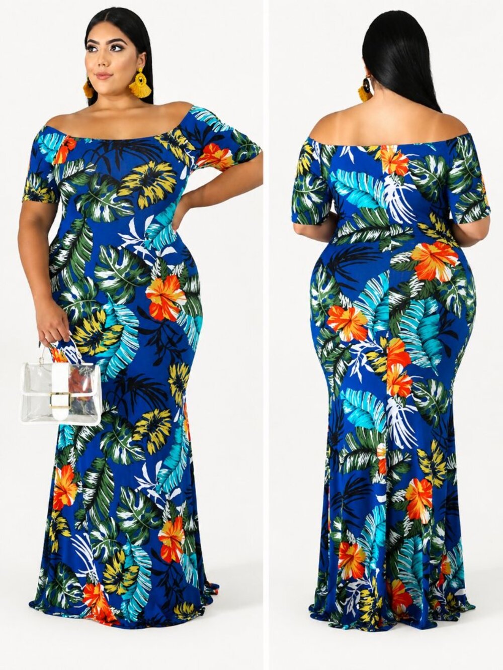 Blue Off Shoulder Floral Mermaid Maxi Dress Plus Size
